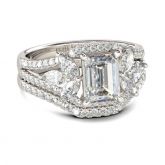 Flower Design Emerald Cut Sterling Silver Ring Set
