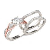 Two Tone Three Stone Round Cut Sterling Silver Ring Set