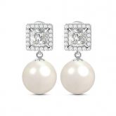 Halo Princess Cut Created Pearl Sterling Silver Earrings
