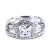 Three Stone Halo Princess Cut Sterling Silver Ring Set