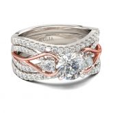 Jeulia Two Tone Three Stone Round Cut Sterling Silver Ring Set