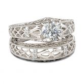 Vintage Scrollwork Round Cut Sterling Silver Ring Set