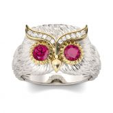 Two Tone Feather Design Round Cut Sterling Silver Owl Ring