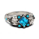 Flower Design Princess Cut Sterling Silver Two Skull Ring