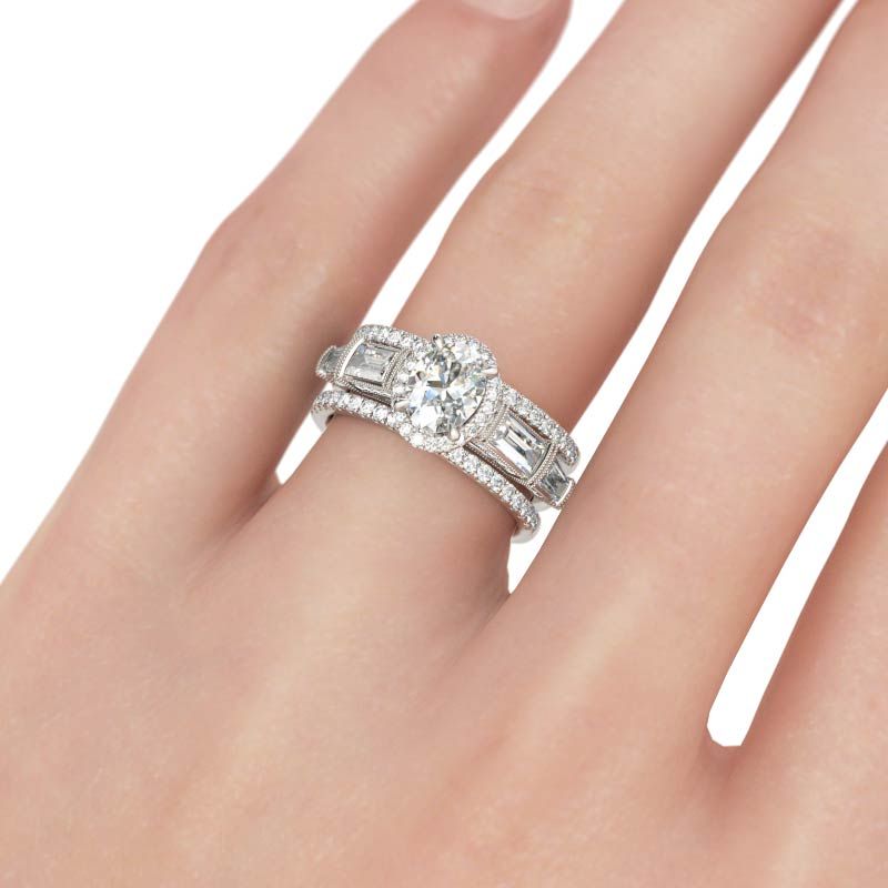 Halo Oval Cut Sterling Silver 3pc Ring Set Jeulia Jewelry Halo Oval Cut Sterling Silver 3pc Ring Set