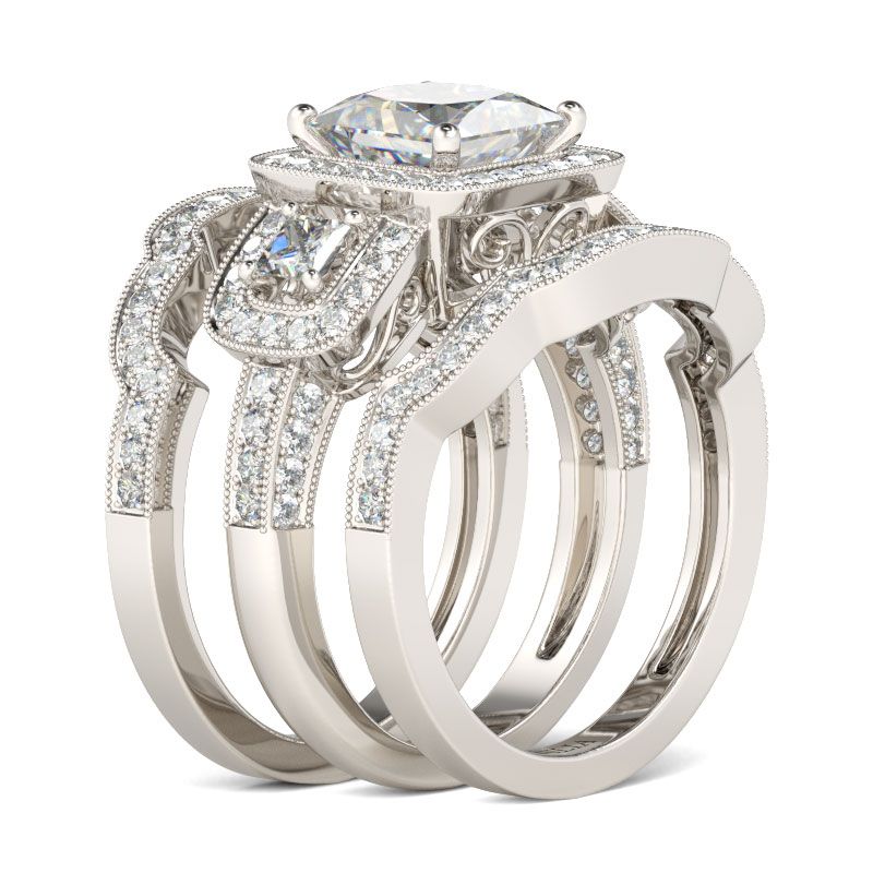 Halo Princess Cut Sterling Silver Ring Set - Jeulia Jewelry Halo Princess Cut Sterling Silver Ring Set - Jeulia Jewelry