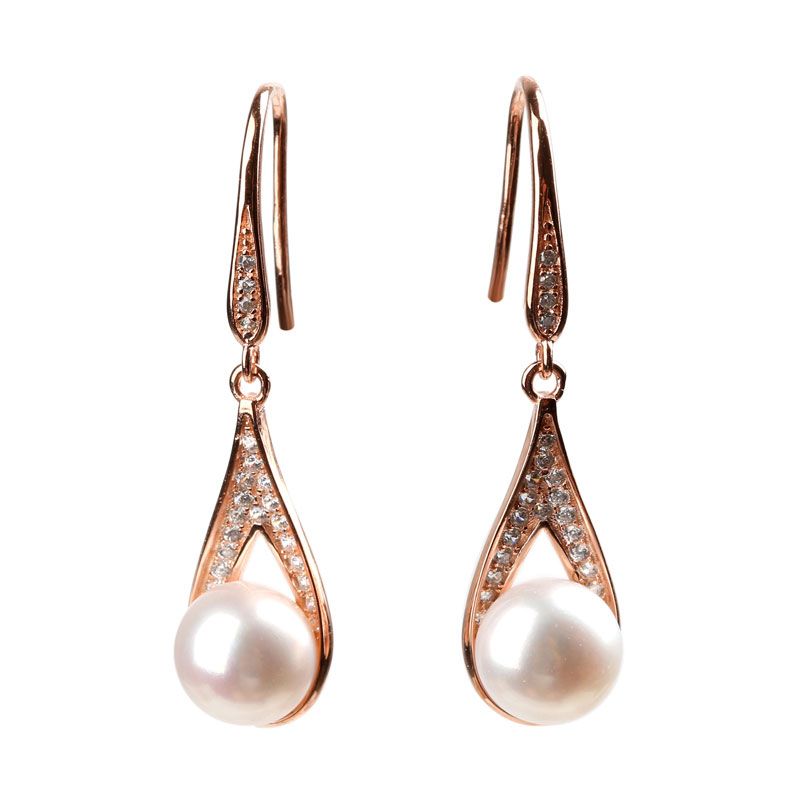  Rose Gold Tone Cultured Pearl Sterling Silver Earring Drops
