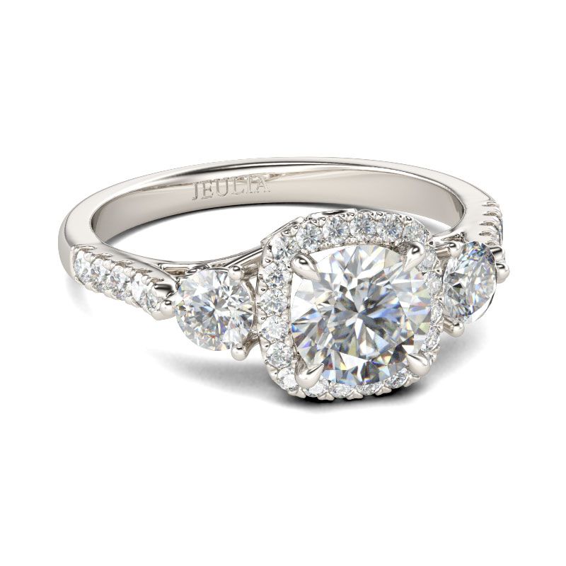 three stone halo engagement ring