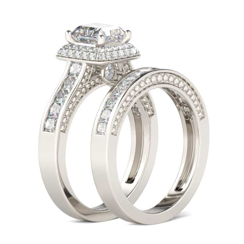 Double Halo Princess Cut Sterling Silver Ring Set - Jeulia Jewelry Double Halo Princess Cut Sterling Silver Ring Set - Jeulia Jewelry